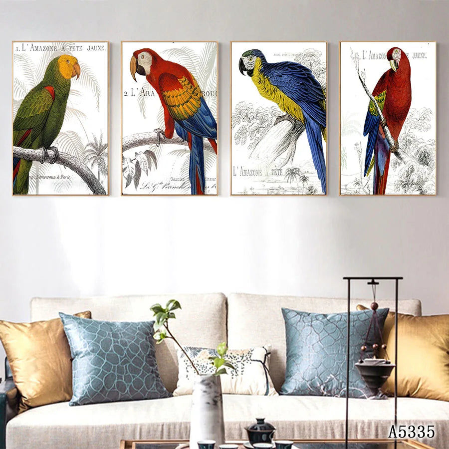 Abstract Oil Painting Print on Canvas 4pcs Cartoon Animal Parrot Canvas Art Printing Painting Wall Art Picture for Home Decor