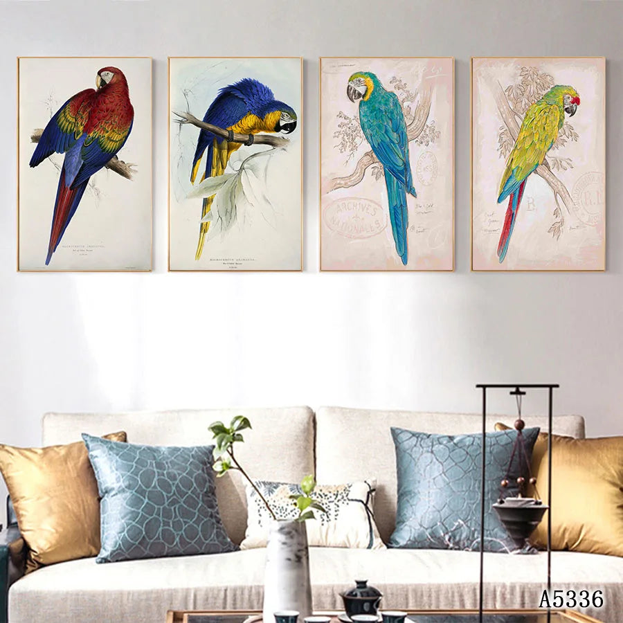 Abstract Oil Painting Print on Canvas 4pcs Cartoon Animal Parrot Canvas Art Printing Painting Wall Art Picture for Home Decor