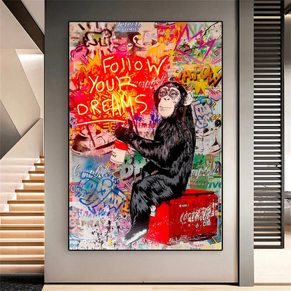 Banksy Graffiti Street Art Monkey Follow Your Dreams Motivation Poster Canvas Painting Wall Art For Living Room Home Decor