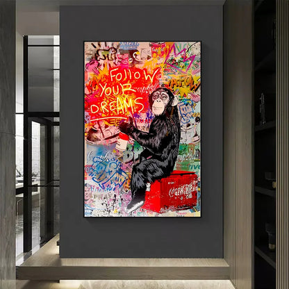 Banksy Graffiti Street Art Monkey Follow Your Dreams Motivation Poster Canvas Painting Wall Art For Living Room Home Decor