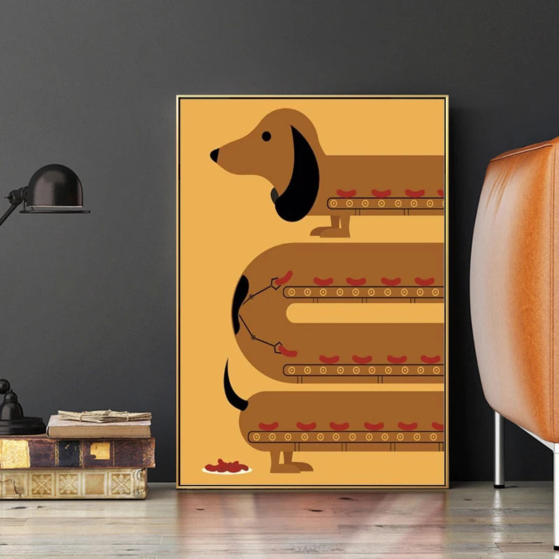 Funny Cartoon Dachshund Dog Poster Canvas Painting Kawaii Animal Wall Picture Print For Modern Kid Bedroom Home Decoration Gift