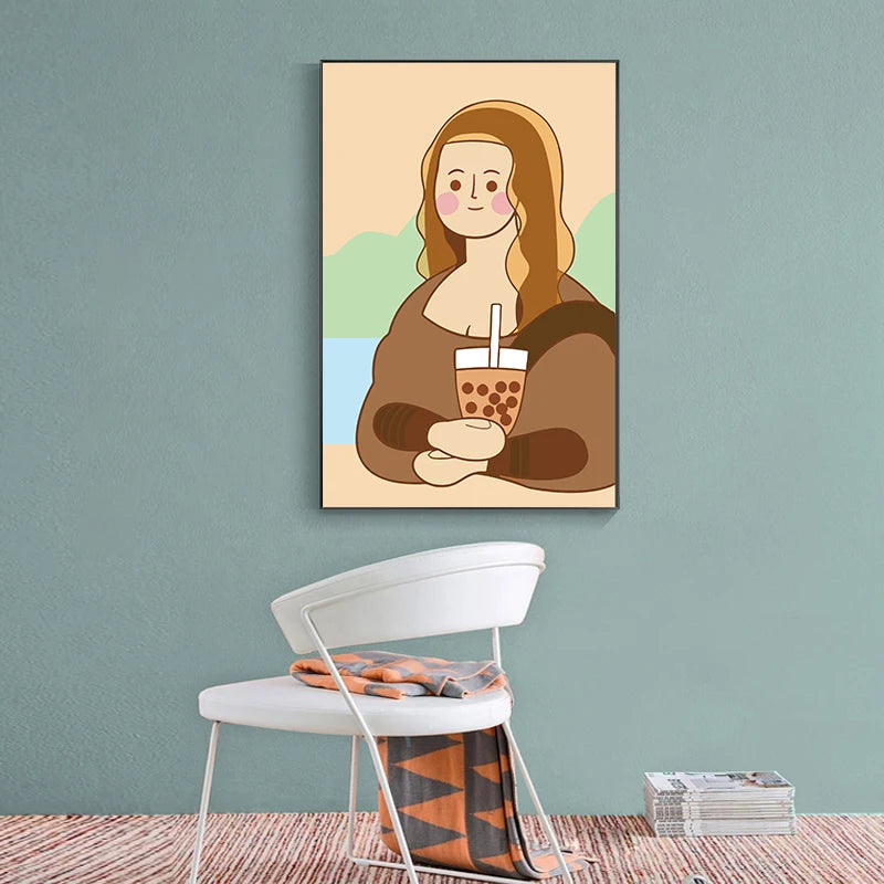 Funny Mona Lisa Bubble Tea Famous Portrait Cartoon Painting Nordic Canvas Art Print Poster Picture Wall Living Room Home Decor