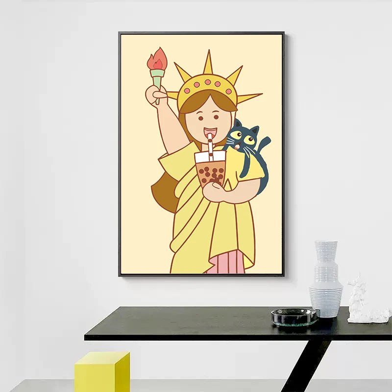 Funny Mona Lisa Bubble Tea Famous Portrait Cartoon Painting Nordic Canvas Art Print Poster Picture Wall Living Room Home Decor