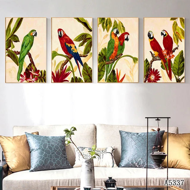 Abstract Oil Painting Print on Canvas 4pcs Cartoon Animal Parrot Canvas Art Printing Painting Wall Art Picture for Home Decor