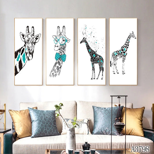 Oil Painting Print on Canvas 4pcs Cartoon Animal Giraffe Canvas Art Printing Wall Art Picture for Home Decor