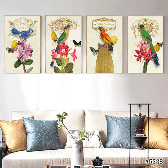 Abstract Oil Painting Print on Canvas 4pcs Cartoon Animal Parrot Canvas Art Printing Painting Wall Art Picture for Home Decor