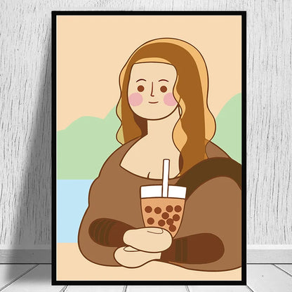 Funny Mona Lisa Bubble Tea Famous Portrait Cartoon Painting Nordic Canvas Art Print Poster Picture Wall Living Room Home Decor